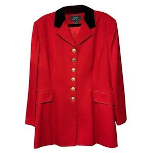 Lauren Ralph Vintage Red Equestrian Wool Blazer Black Velvet Collar Size 16